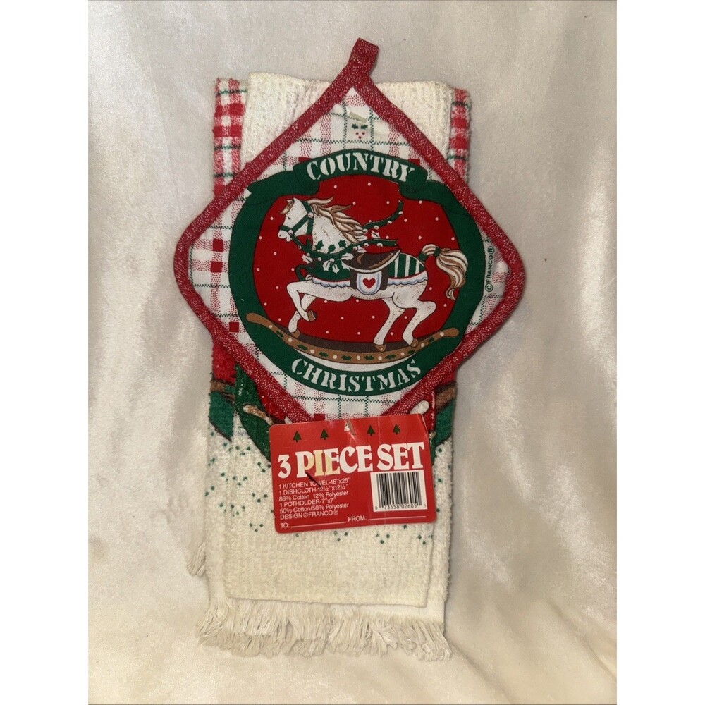 Vintage 3 Pc Set Country Christmas Horse Kitchen Towel Dishcloth Potholder 80s